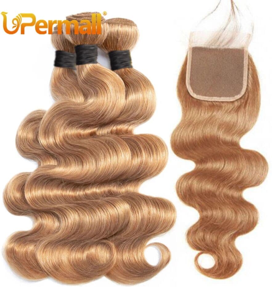 Alibaby Upermall #27 Colored 3/4 Remy Bundles with Closure Body Wave Human Hair Honey Blonde Transparent 4x4 5x5 Lace Closure and Weaves
