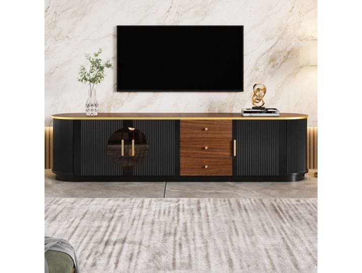 Meuble TV 180x40x46cm modèle bas verre brun structure en MDF poignées en aluminium bords arrondis design à rainures verticales noir