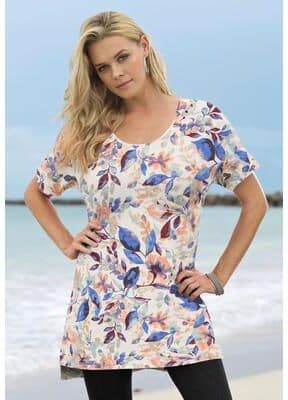 Plus Size Women's Plus Size Printed Slub Tunic Top by Roaman's in White Petunia Floral (Size 12) Long Shirt