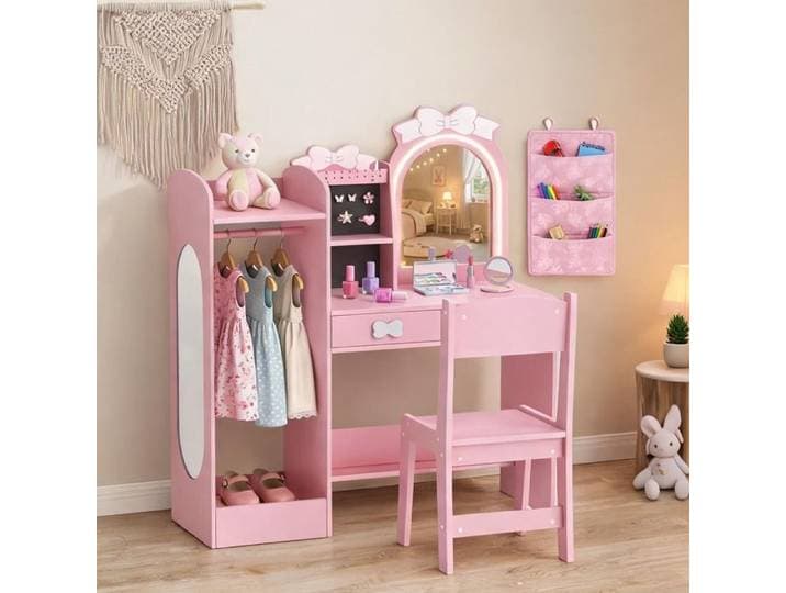 Coiffeuse enfant 3 en 1 en MDF blush pink avec miroir penderie et tiroirs - 92 x 36 x 103 3 cm