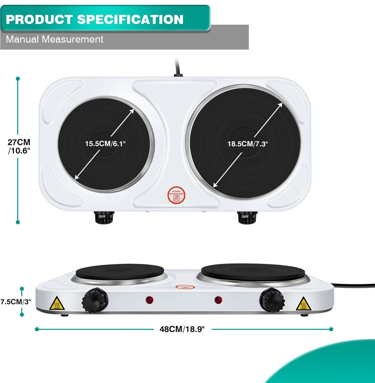 DayPlus 2500W Double Hotplate Cooking Hob with Control 5 Temperature Settings,Portable Cast Iron Heating Plate for Cooking/Frying