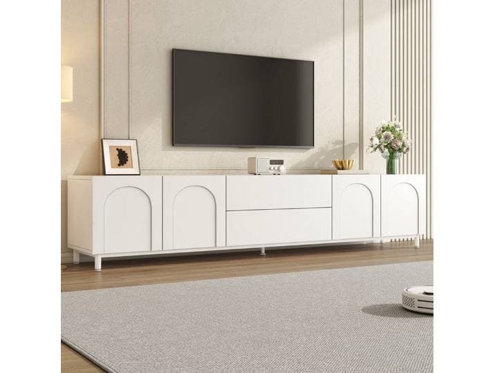 OKWISH Wohnzimmer-Set Kompakte Möbel mit Bogen-Türen, Schubladen & Stahlrohrfüßen, (1-St., Weiß, 180×40×48 cm, für Wohnzimmer & Flur), TV-Schrank, PB+MDF, Kabeldurchführung, viel Stauraum