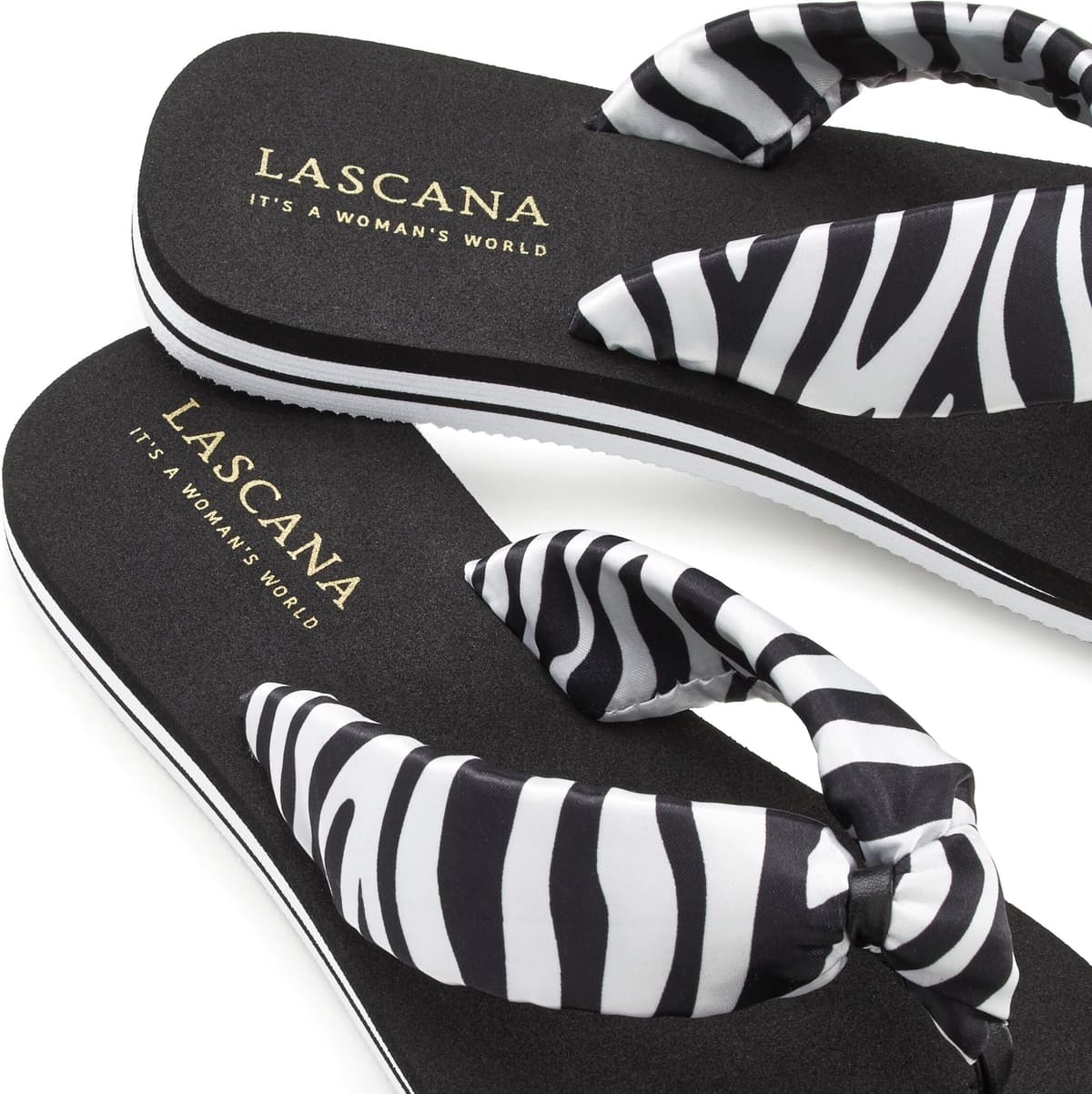 Badezehentrenner LASCANA "Sandale, Badeschuh, Pantolette, Badelatsche, Flip Flop, Sommerschuh", Damen, Gr. 43, Textil, schwarz-weiss (schwarz, weiß), Obermaterial: 100% Textilmaterial. Decksohle: 100% Synthetik. Futter: 100% Textilmaterial. Laufsohle: 100