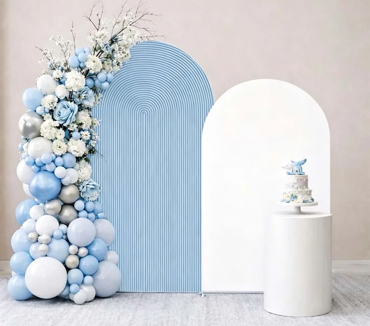 XIAORAN Custom 2-Side Blue Ripples Bridal Baby Shower Arch Backdrop Cover White Background Wedding Birthday Party Decor Backdrop Photo