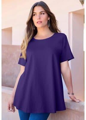 Plus Size Women's Plus Size Ultimate Cotton Crewneck Short Sleeve Swing Tee by Roaman's in Midnight Violet (Size L) Short Sleeve T-Shirt