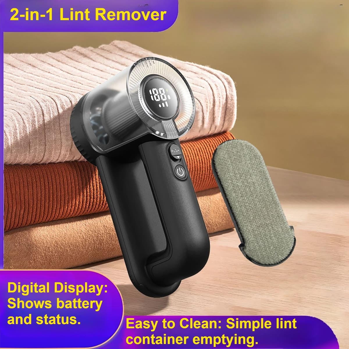 NONE 2-in-1 Rechargeable Fabric Shaver Electric Lint Remover with Digital Display Sweater Shaver Lint Shaver for Clothing Blanket