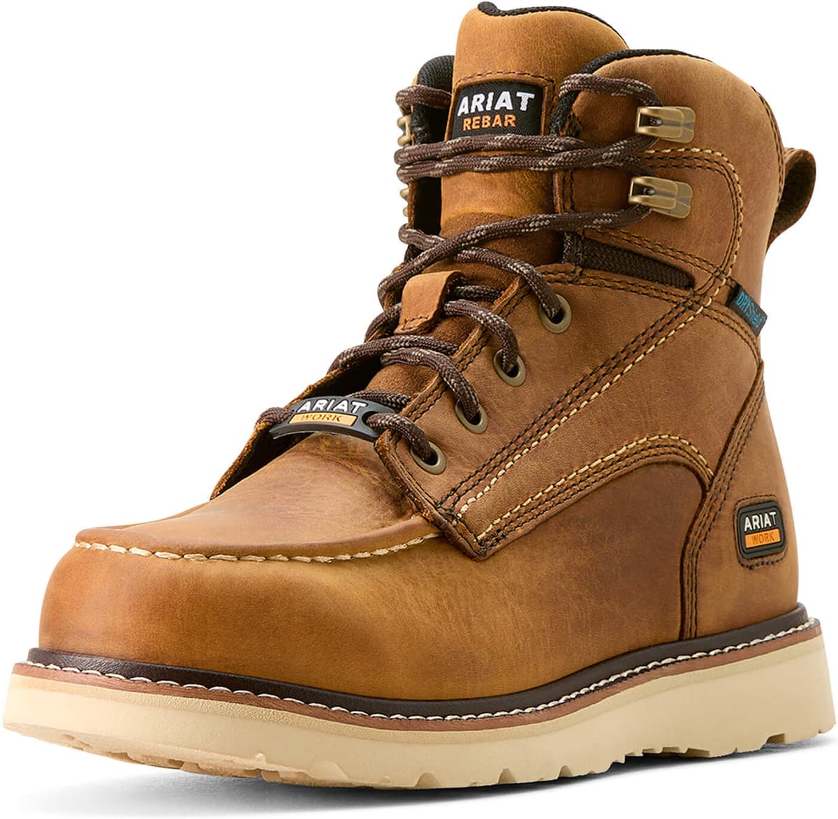 Women's Rebar Wedge Moc Toe Waterproof Work Boots in Antique Brown, Size: 9.5 C / Wide by Ariat