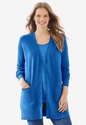 Plus Size Women's Perfect Longer-Length Cotton Cardigan Sweater by Woman Within in Bright Cobalt (Size 1X)