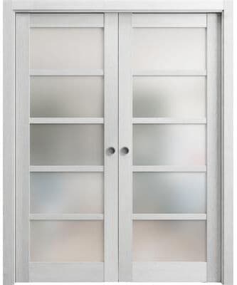 SARTODOORS Quadro 4002 Light Grey Oak MDF Double Sliding Pocket Doors with Frosted Glass