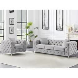 Sofa 3-Sitzer & Sessel - Hellgrau - Samt - EDWINA