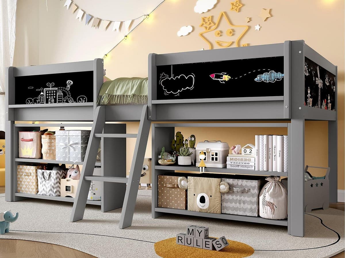 ModernLuxe Kinderbed 90x200 cm - met opbergplank - met zijwanden + ladder - grijs (matras niet inbegrepen)