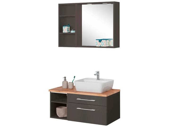 Badmöbel-Set WELLTIME Davos , grau (grafit, grau), Becken rechts, Kastenmöbel-Sets, Badmöbel-Set, Waschplatz mit Regal und Spiegel