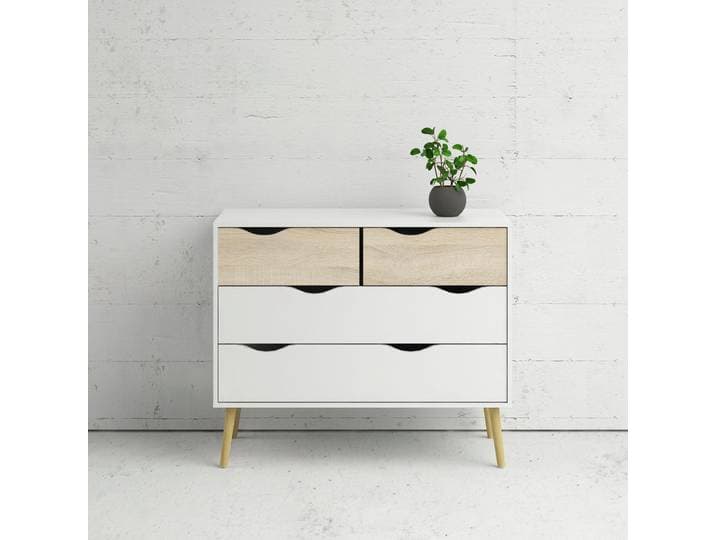 Kommode HOME AFFAIRE Oslo, Aufbewahrung, Schubladenschrank, Stauraum , weiß (weiß, eichefarben), B:98,7cm H:81,7cm T:39,1cm, Holzwerkstoff, Sideboards, Kommode, Sideboard mit 4 Schubladen, Vollholzbeine, Breite 99 cm, Höhe 82 cm
