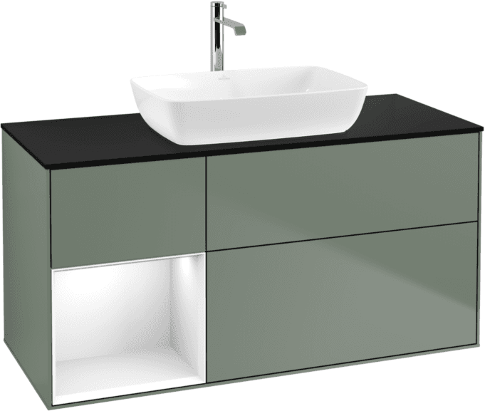 Villeroy und Boch Finion Waschtischunterschrank G822GFGM 120cm, Abdeckplatte black matt, Emotion, Regale Glossy white lacquer, Olive Matt Lacquer