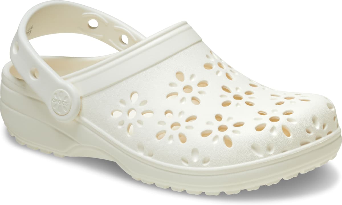Clog CROCS "Classic Floral Cut Out Clog", Mädchen, Gr. 29, Croslite™, beige (creme), geblümt, Schuhe Clog, Sommerschuh, Sandale, Strandschuh mit schwenkbarem Fersenriemen