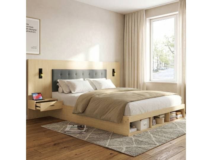 Lit Double 180x200cm-2 Tables De Chevet-2 Lampes De Lecture Orientables-usb Type C-rangements-sans Matelas-mdf Effet-chêne Clair
