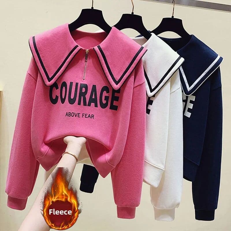 others Teenage Girl's Fleece Lined Thickened Navy Collar Sweatshirt Small Size Winter Fashionable Clothing School Sweet Style Zipper