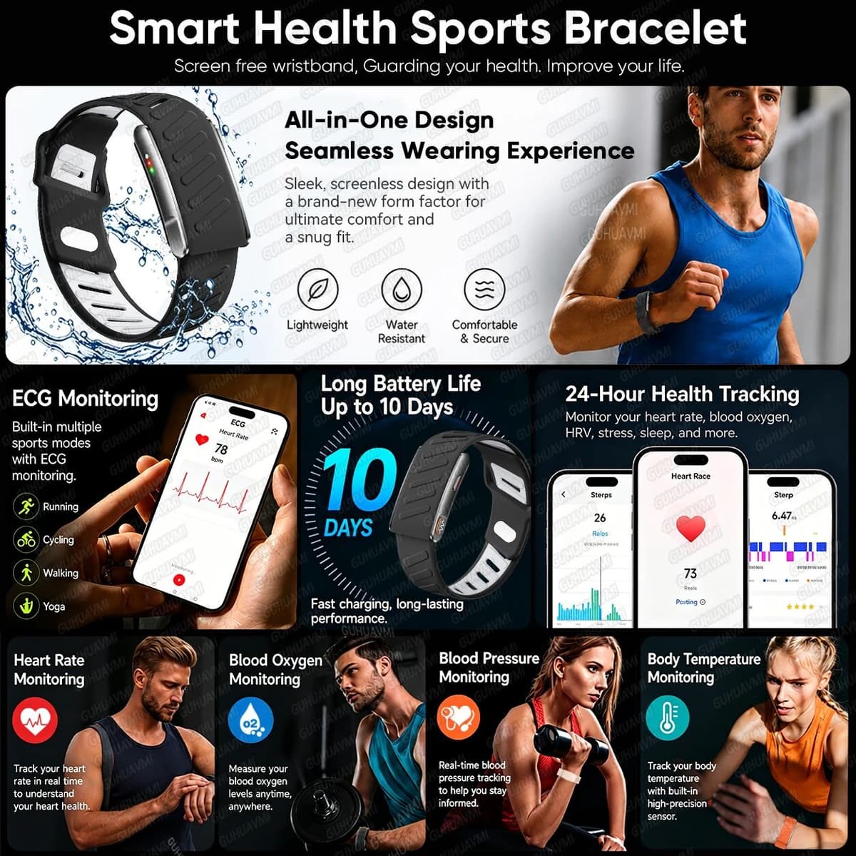 GUHUAVMI ly Sports Smart Band,24Hours ECG+HRV,Blood Pressure,Body Fat,Screenless Design,3ATM Waterproof,BT5.3,Fitness Tracker Bracelet