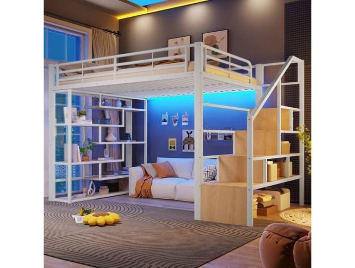 Lit Mezzanine enfant 140x200 cm Escalier avec Rangement Étagères LED Multicolore via App Garde-Corps Métal et MDF Blanc