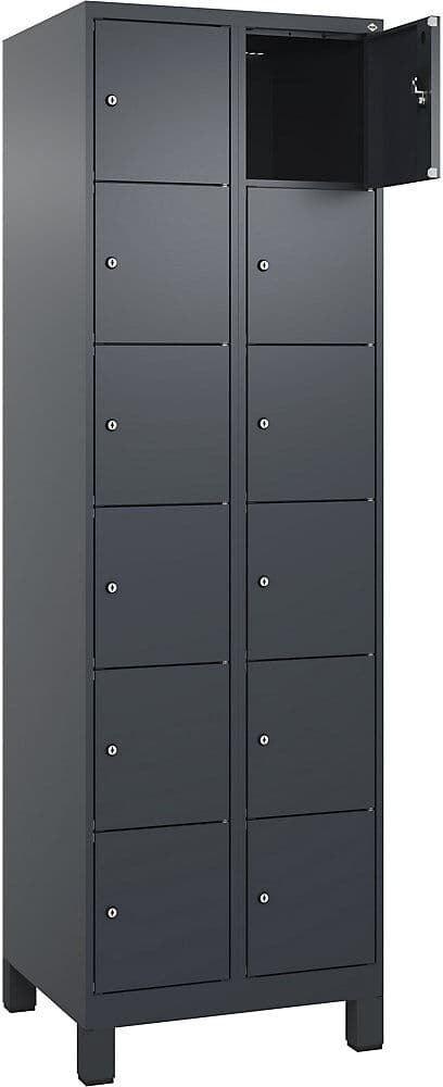 kaiserkraft 6er-Schließfachschrank Evolo PLUS, 2 Abteile, grau, B 600 mm, 12 Fächer, mit breiten Füßen, Zylinderschloss