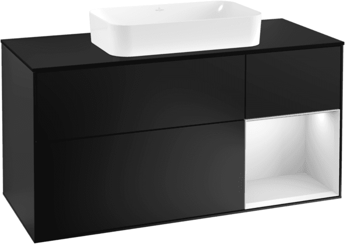 Villeroy und Boch Finion Waschtischunterschrank F302MTPD 120cm, Abdeckplatte black matt, Regal rechts White matt lacquer, Black matt lacquer