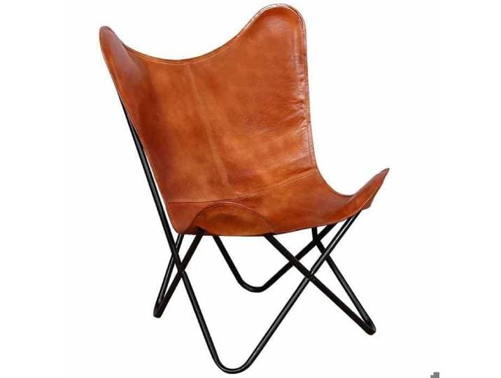 NEUF 2026  CHIC Chaise papillon vintage SWEETY pour salon/chambre Marron Cuir véritable 74x66x90 cm FF5505