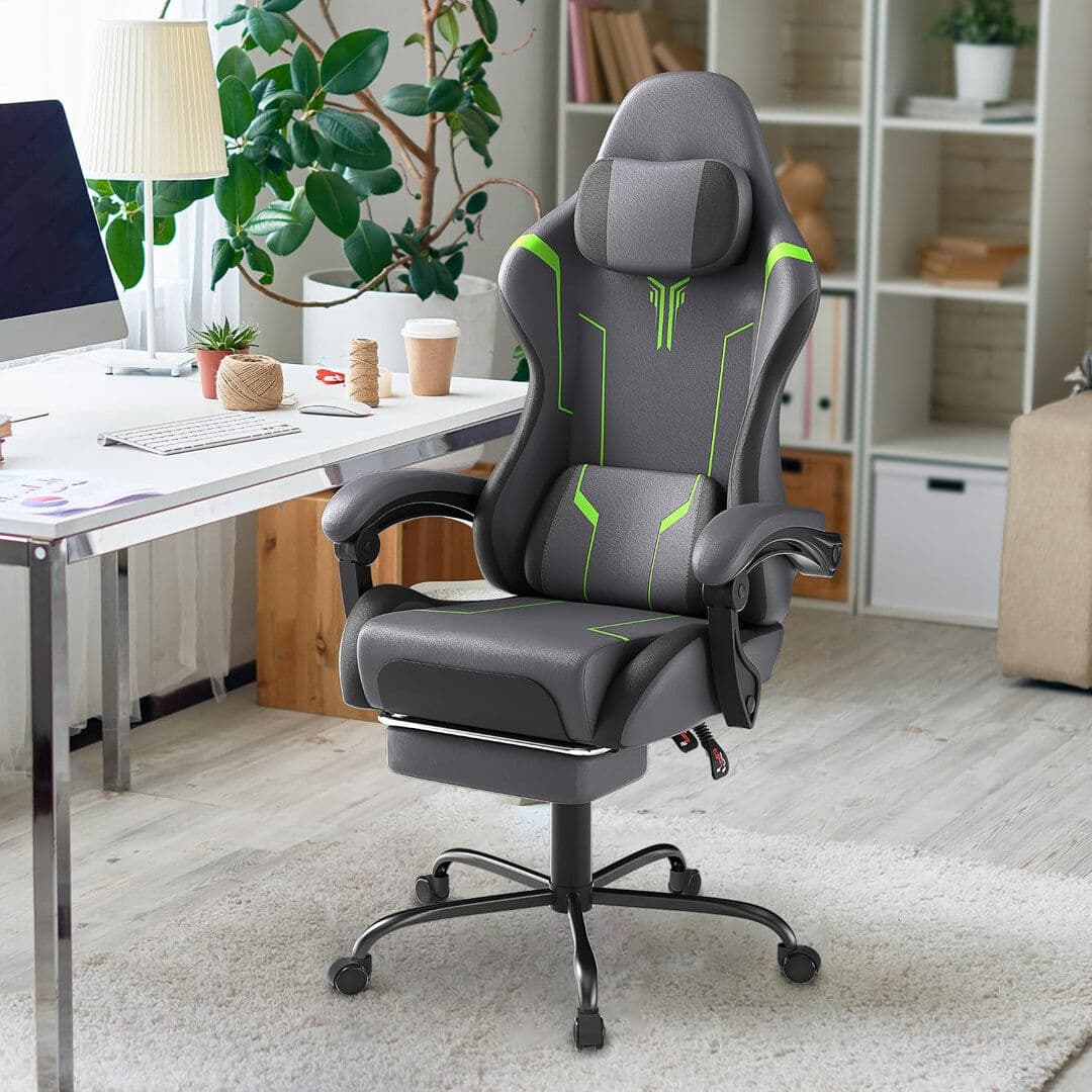 Rebrilliant Reclining and Adjustable Backrest-Height PC & Racing Game Chair PU fabric/Grey&Green 83cm H X 75cm W X 52cm D