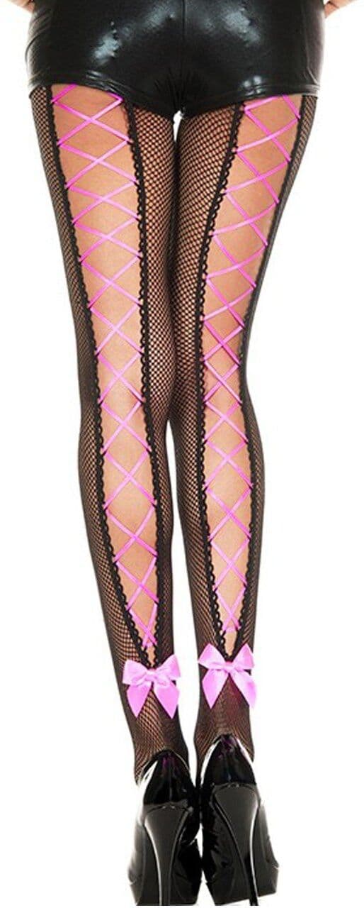 Music Legs Collant résille noir avec laçage rose corset et noeud