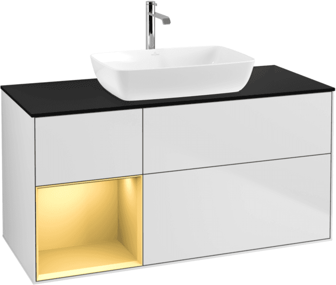 Villeroy und Boch Finion Waschtischunterschrank G822HFMT 120cm, Abdeckplatte black matt, Emotion, Regale Gold matt lacquer, White matt lacquer
