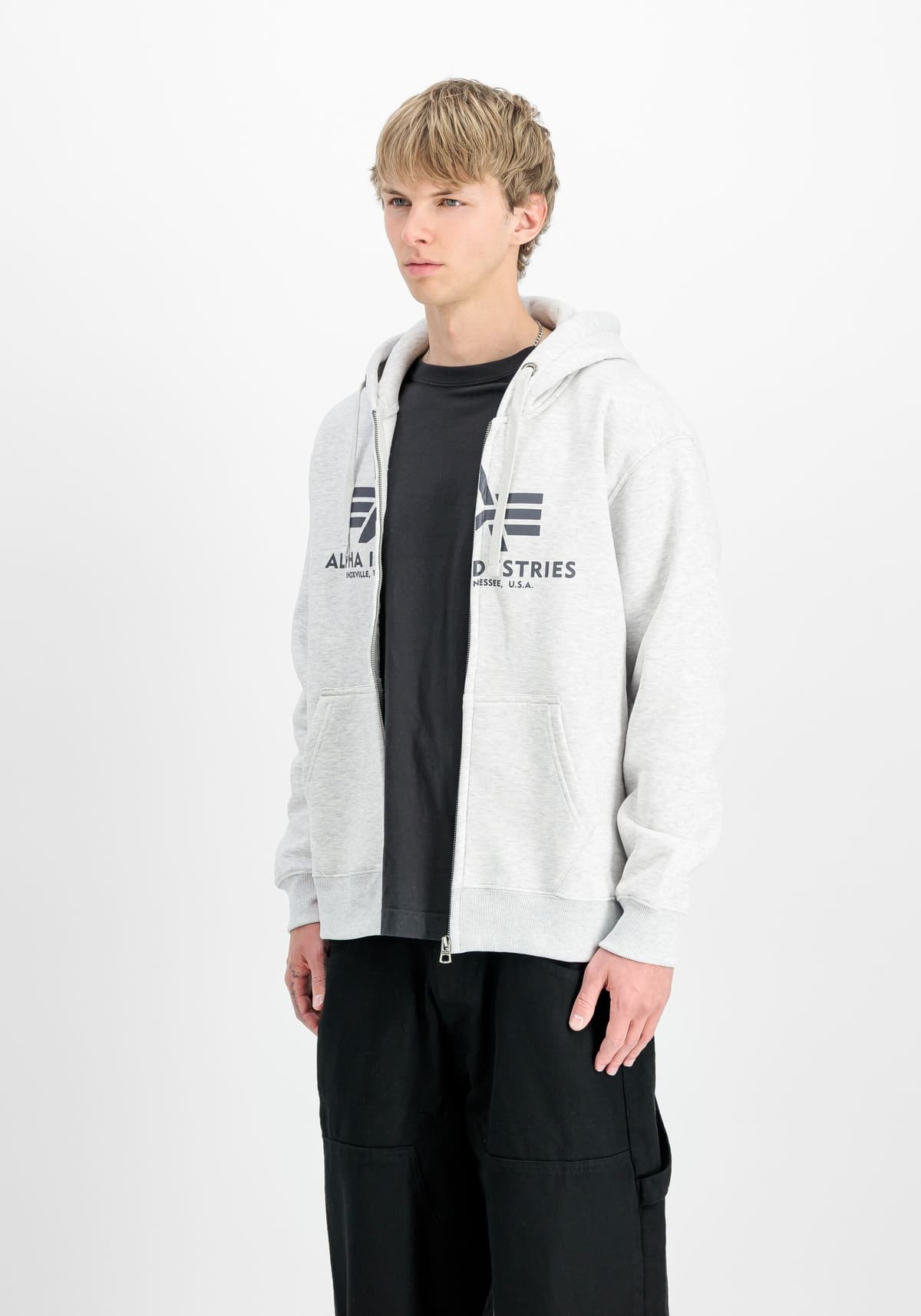 Hoodie ALPHA INDUSTRIES "Basic BL Zip Hoodie", Herren, Gr. L, grau (pastel grau melange), Obermaterial: 80% Baumwolle, 20% Polyester, regular fit, Sweatshirts Hoodie pastel grau melange L