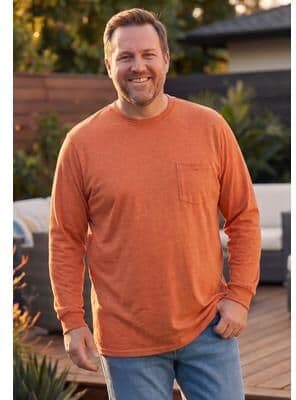Men's Big & Tall Shrink-Less Lightweight Longer-Length Long-Sleeve Crewneck Pocket Tee by KingSize in Heather Orange (Size L)