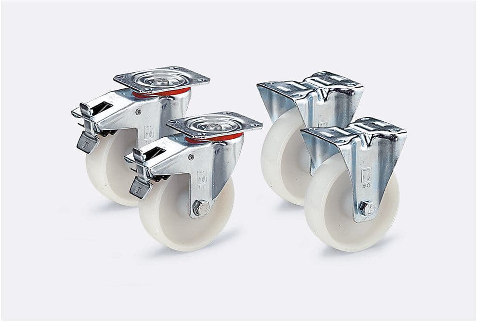 Polyamid-Rad, im Set, 2 Lenkrollen mit Doppelstopp, 2 Bockrollen, Rollenlager, Rad-Ø x Breite 100 x 38 mm Wicke
